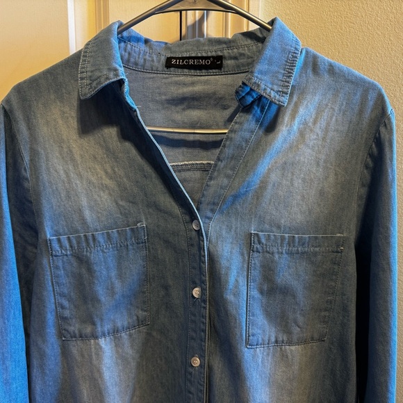 Zilcremo Women Denim Button Down Shirt Dress Long Sleeve Distressed Jean Sz L - Picture 5 of 15